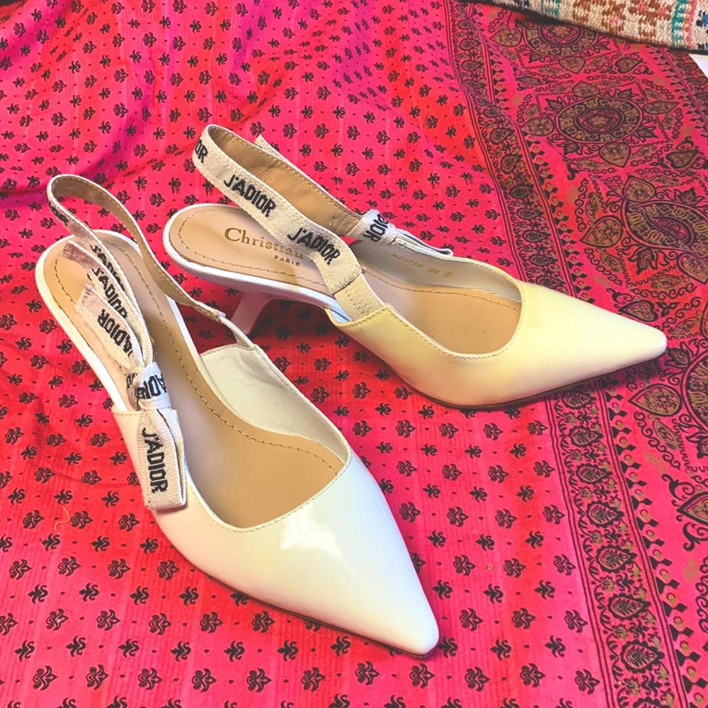 Christian Dior beige patent leather kitten heeled sling backs